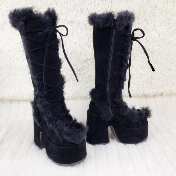 Camel 311 Black furry goth punk Platform Knee Boot - Picture 9 of 10